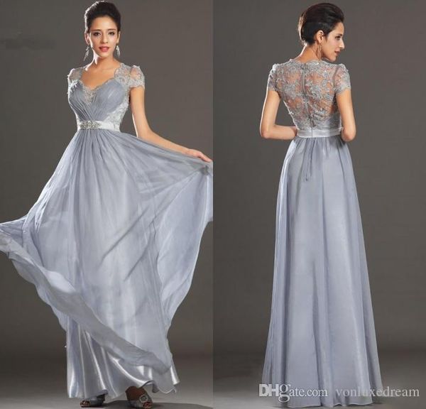 

new elegant silver grey ruched floor length chiffon lace evening dresses prom party dresses mother of the bridal dress