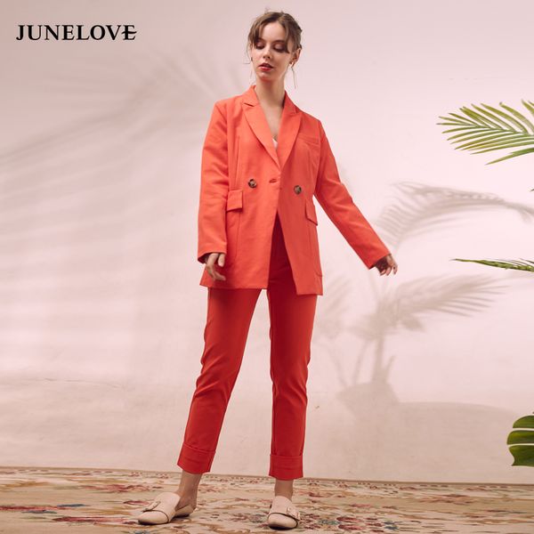 

junelove женщин осень твердый одиночные блейзеры куртки офис леди мода высокой талии брюки костюм женские элегантные два кусок набор днища, White;black