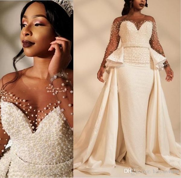 

black girl plus size mermaid wedding dresses african illusion sheer neck long sleeves pearls backless overskirts bridal gowns, White