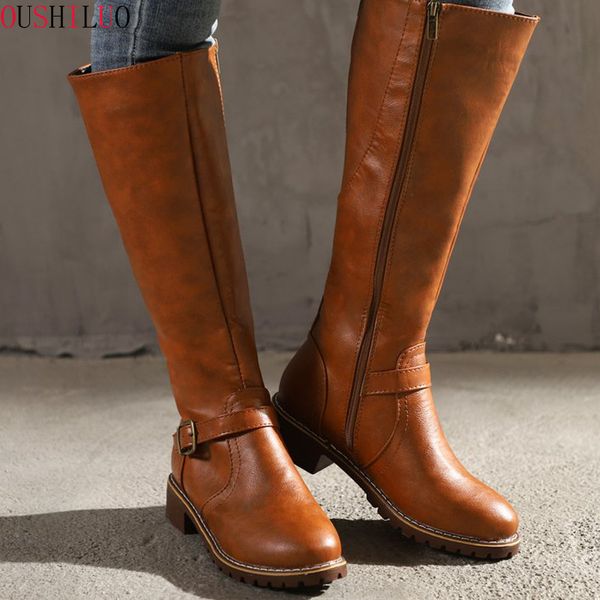 

pu leather women long boots riding casual belt buckle zipper autumn winter thigh high loose boots botas mujer footwear, Black