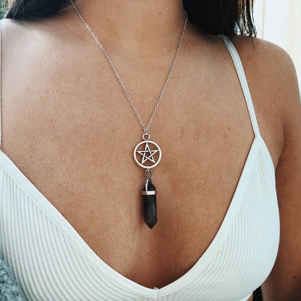 

natural crystal jewelry hexagon chakra necklace pentagram star pendant necklace, Silver