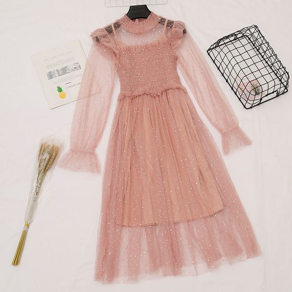 

casual dresses women flare sleeve pleated bling star sequined mesh gauze tulle ruffles dress elastic slim high waist lace flower midi, Black;gray