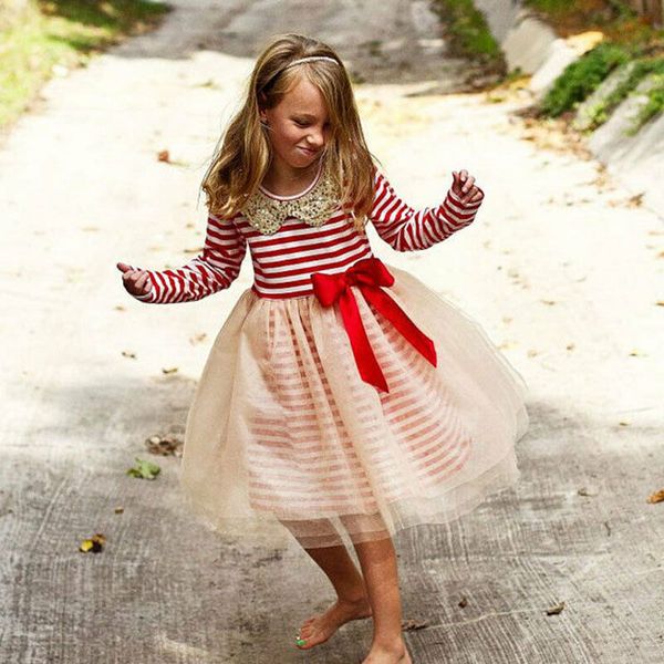 

ruffled collar long sleeve stripe and mesh princess dress for girl, Red;yellow