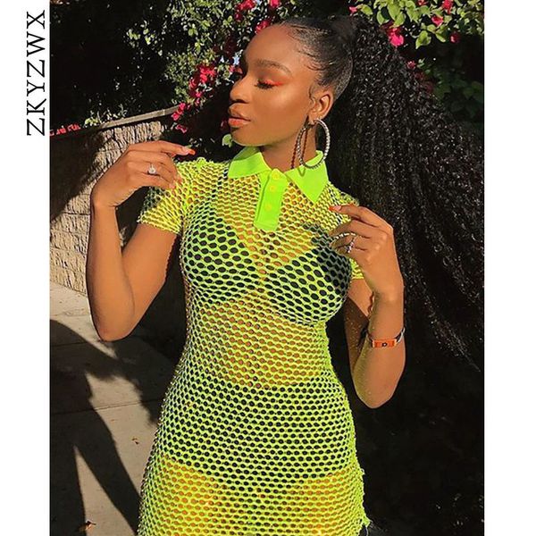 

zkyzwx neon green mesh t shirt dress women summer streetwear see through fishnet bodycon mini club party dresses vestidos, Black;gray