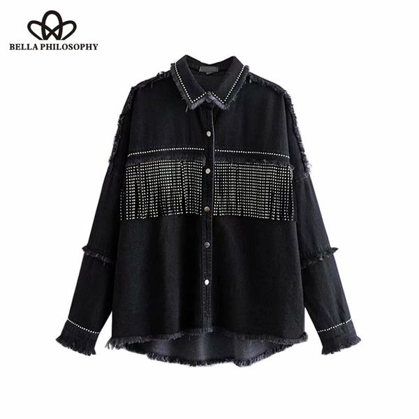 

bella philosophy 2019 autumn rivet tassel frayed oversized denim jacket coat long sleeve streetwear outerwear casual femme, Black;brown