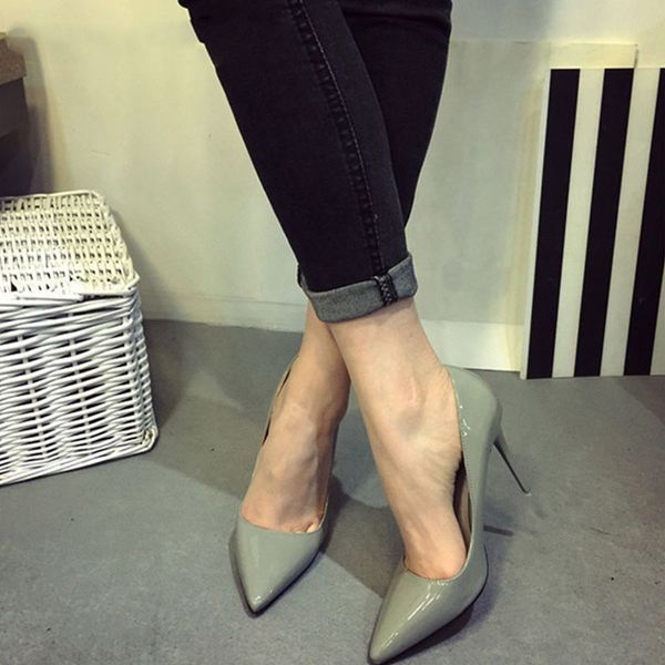 

women pointed toe spring pumps female patent leather office career high heels fashion slip on shoes ladies plus size, Black