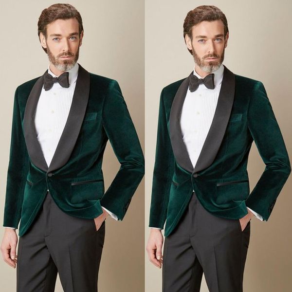 Smoking da sposa in velluto verde Scialle nero Risvolto Pantaloni da sposo Abiti da uomo Giacche firmate Blazer su misura 1 pezzo