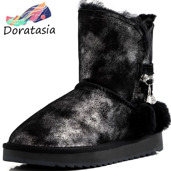 

doratasia brand lady genuine leather ankle snow boots women 2019 winter warm platform fur boots non-slip wedges shoes woman, Black