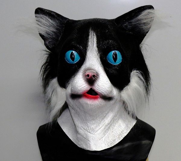 

new arrival deluxe halloween carnival latex kitten kitty w/ fur animal pet costume rubber black cat mask lovely animal head mask cos