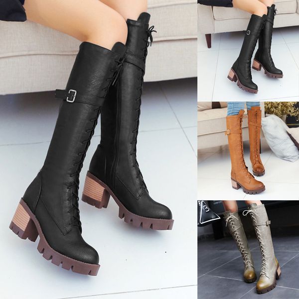 

25#women fashion high heels wild cross lace-up belt buckle chunky middle-tube boots bottes hautes pour femmes, Black