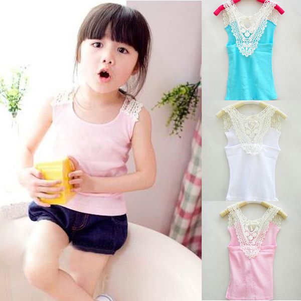 

kids girls crochet hollow out floral t-shirt tee shirts vest candy color 0-3y, Blue