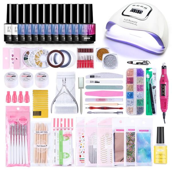 

nail set with uv led lamp 90w gel nail polish kit starry sky foil gold flakes 3d gems art alloy manicure tools ji1582