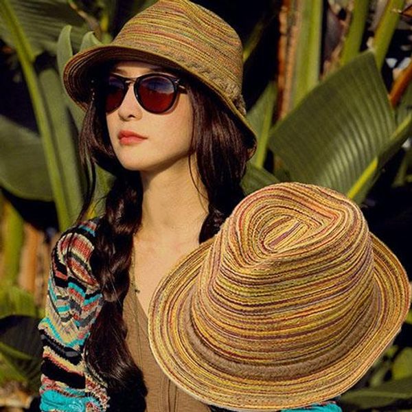 

wholesale- women summer bohemia style straw hats foldable striped braided rope beach sun hat, Blue;gray