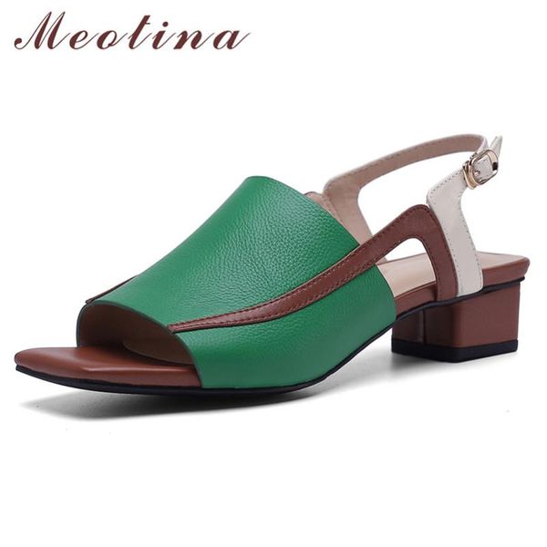 

meotina summer sandals shoes women natural genuine leather thick heels shoes mixed colors buckle open toe sandals lady size 42, Black