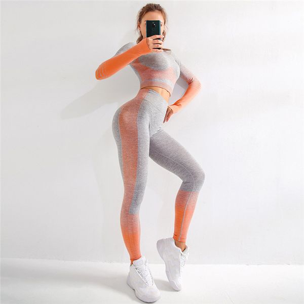 

european and american seamless long sleeve yoga set women gym clothes knitted hips stretch fitness sports yoga clothes s-l size