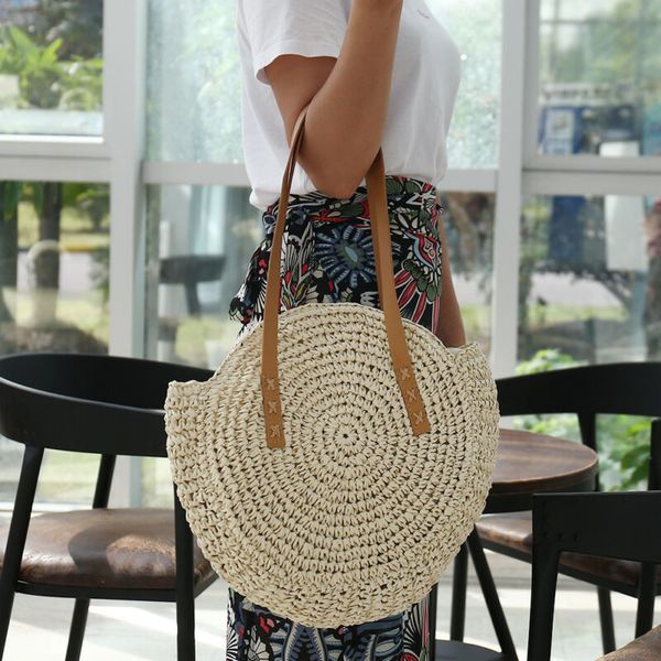 

Women Straw Bag Boho Woven Handbag Messenger Bags Summer Beach Tote Round Rattan Shoulder Bags /BY