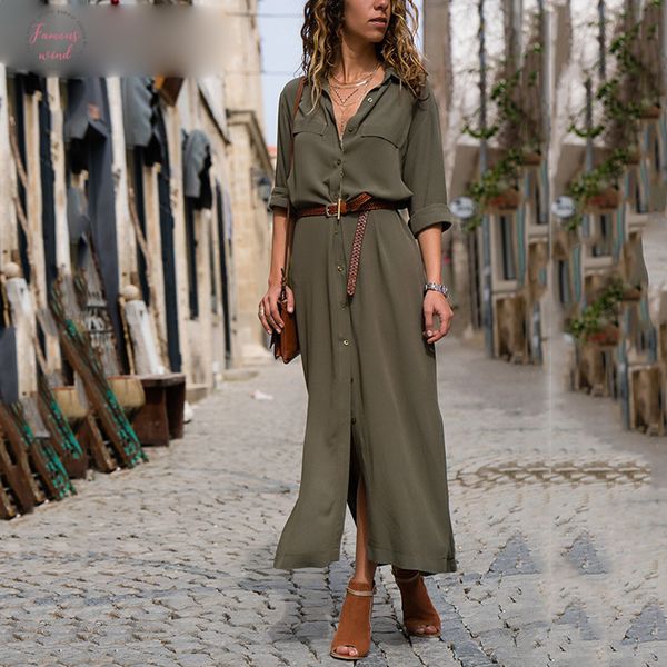 

new fashion button long dress elegant women dresses casual work dress plus size pocket slim black dresses women long sleeves, Black;gray