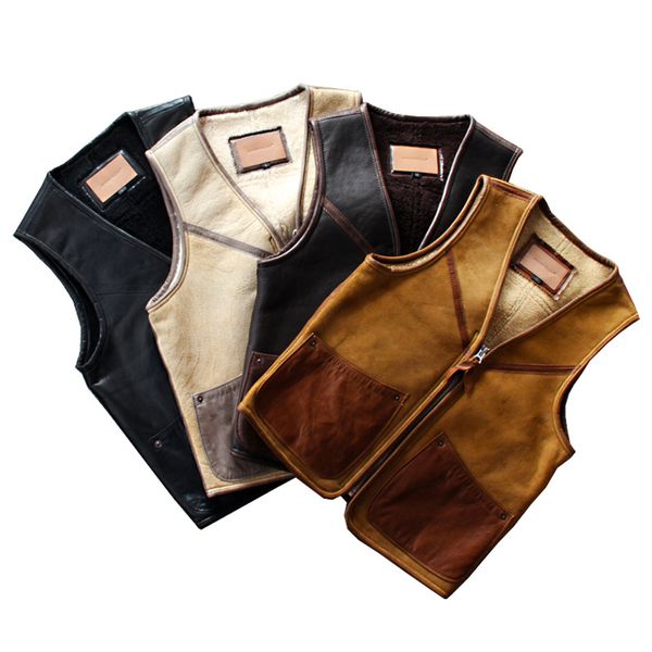 

autumn winter new imported original fur vest men's slim real sheep fur genuine leather thermal waistcoat vest, Black