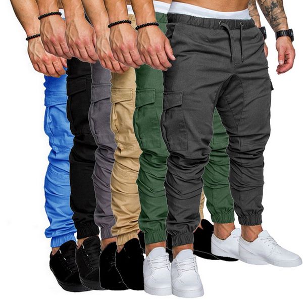 

2019 men's jogger casual pants loose multi-pocket solid sweatpants autumn hip hop loose trousers male outdoor pants male trouser, Black
