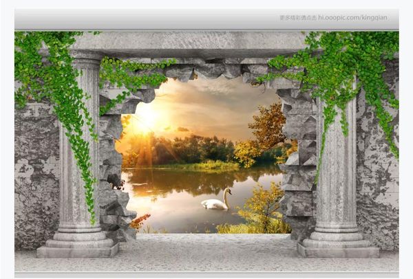 3D пользовательские большие фото фреска обои внутреннее убранство римская колонна сломанная стена пещера озеро пейзаж 3d гостиная ТВ фон фреска