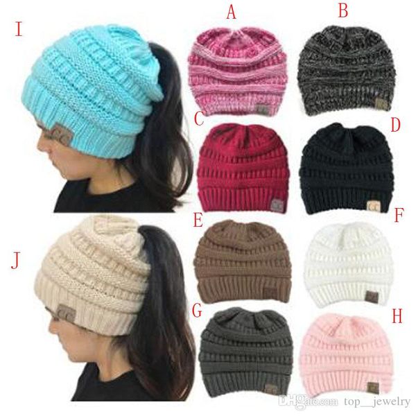

Women ponytail cap knitted beanie fa hion girl winter warm hat back hole pony tail autumn ca ual beanie 10 color 20pc, Blue;gray