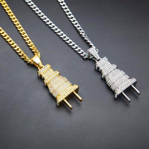 

men's hip hop bling plug pendant necklace gold silver color charms micro pave full rhinestone jewelry