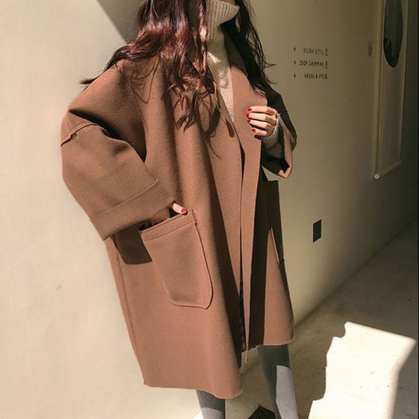 

2019 women oversized woolen long coats woman wool coat winter jacket cardigan jackets elegant blend, Black