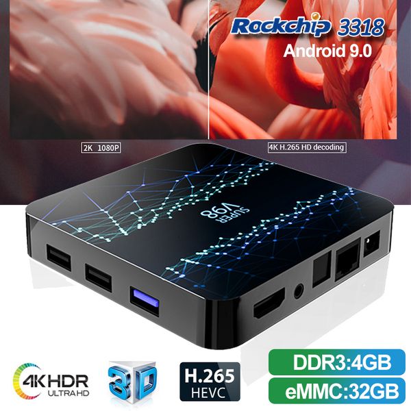 

Супер V98 Android 9.0 Smart TV Box RK3318 Quad Core 2GB 16GB BT4.0 2.4G WiFi 100Mbps Media Player 4GB 32GB