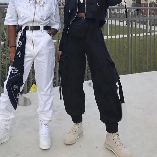 

women trousers women designer pants black pencil pants women long streetwear elastic high waist pocket pantalon femme buckle belt casual, Black;white