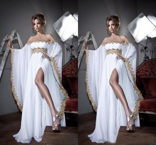 

2019 grecian bohemian wedding dresses off the shoulder neckline long bell sleeves champagne lace white chiffon vintage wedding gown