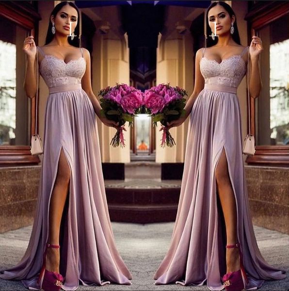 

elegant spaghetti straps satin long bridesmaid dresses 2020 lace applique ruched high split maid of honor bohemia wedding guest dresses, White;pink