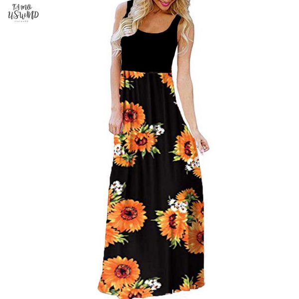 

2020 new summer women dresses plus size vintage casual tank sleeveless flower square neck pattern print maxi sundress 904276, Black;gray