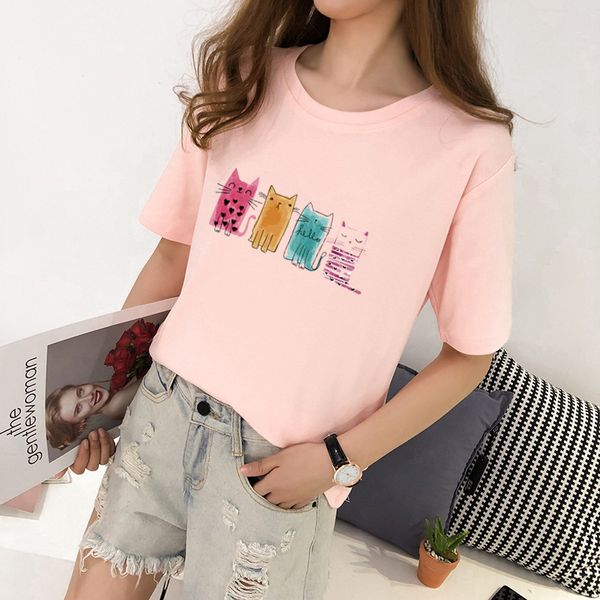 

2019 лето новый стиль белая футболка с коротким рукавом корейский стиль сыпучие-fit студенты половина рукава основа женщин рубашка cartoon т, White