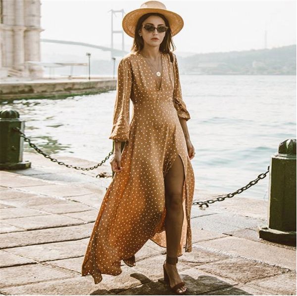 

womens v neck split maxi dresses polka dot print long sleeve summer dresses female clothing, Black;gray