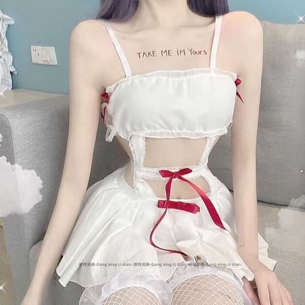 

women lingerie erotic private home underwear cute sexi backless apron strap maid sailor suit summer sleeveless dress, Black;red