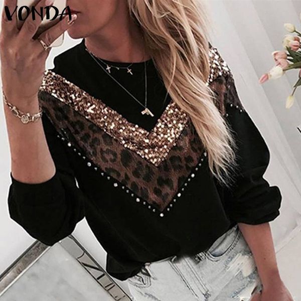 

vonda fashion womens blouses and 2020 autumn spring round neck long sleeve women's shirt blusas chemise femme 5xl, White;black