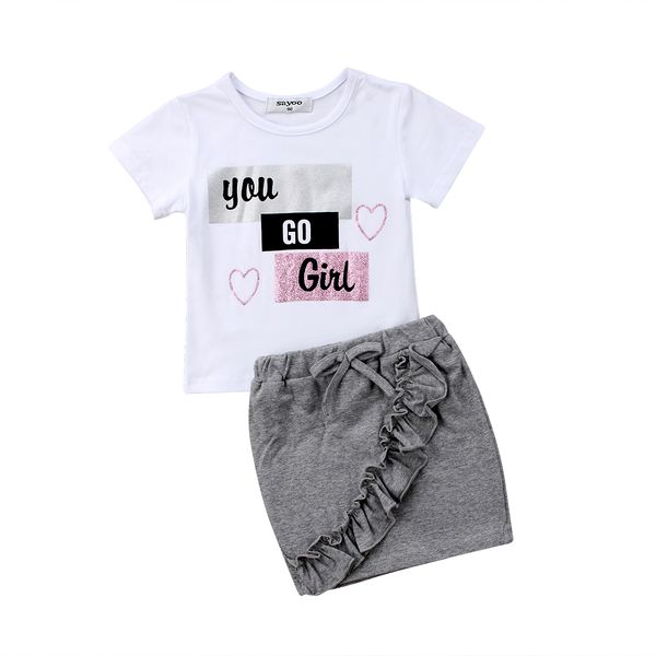 

2 pieces you go girl short sleeve t shirt and ripped hole denim skirt set for toddler and baby girl clothes, White