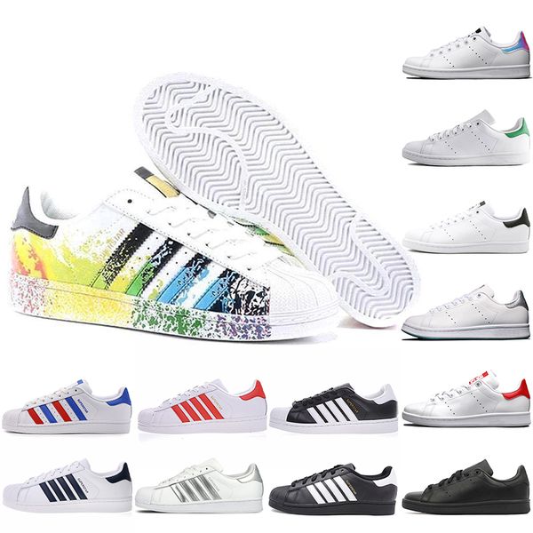 

selling superstars casual shoes triple black white silver red stan smith casual leather trainers platform sneakers size 36-44