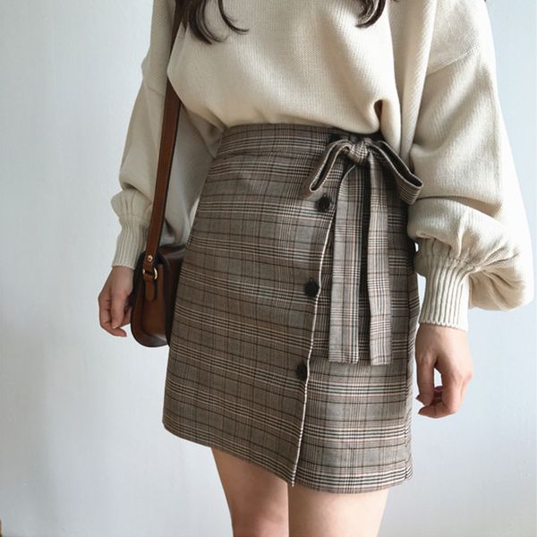 

autumn winter skirt women 2019 england style vintage plaid bow slim high waist a line mini skirt gray khaki saia feminina 3129, Black;gray
