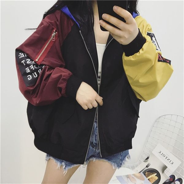 

jacket women's spring jacket 2020 women contrast short long sleeve zipper letter female korean loose feminine coat, Black;brown