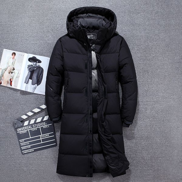 2019 winter new men's white duck down warm leather business fashion hooded thicken long parka and coats male brand clothing, Black