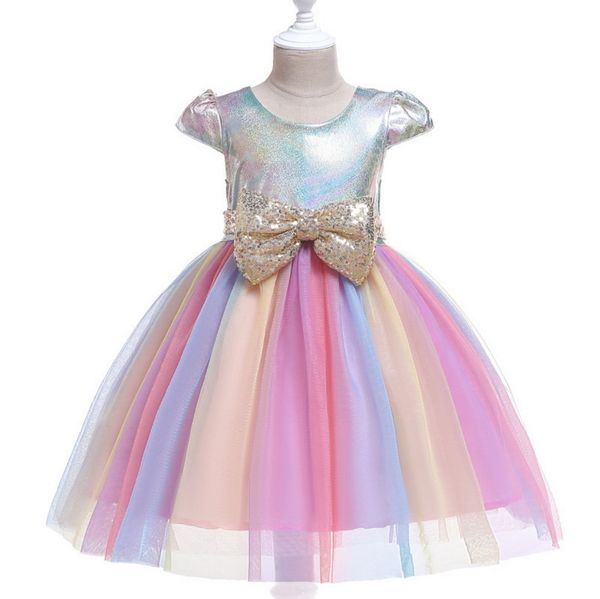 

sequins bow girls dress children custome clothes colorful wedding birthday party ball gown princess dress for 3-8y girl d0098, Red;yellow