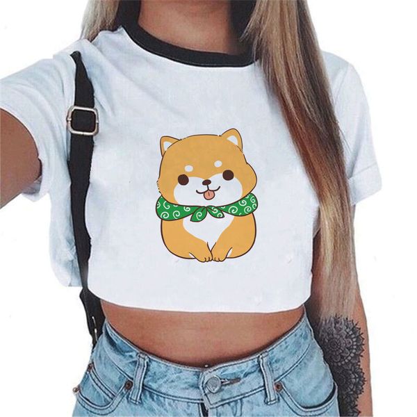 

women crop 2018 summer harajuku shirt japan shiba inu dog white black tank cropped ladies shirt vest camisole femme