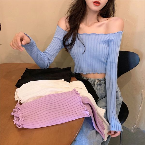 

off-shoulder clavicle off-shoulder sweater womens high waist short long sleeve thin contrast color wooden ear pit net red top, White