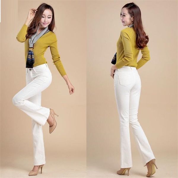 

women's jeans 2021 women mid waist white and black girls office wide leg pants plus size boot cut trousers, Blue