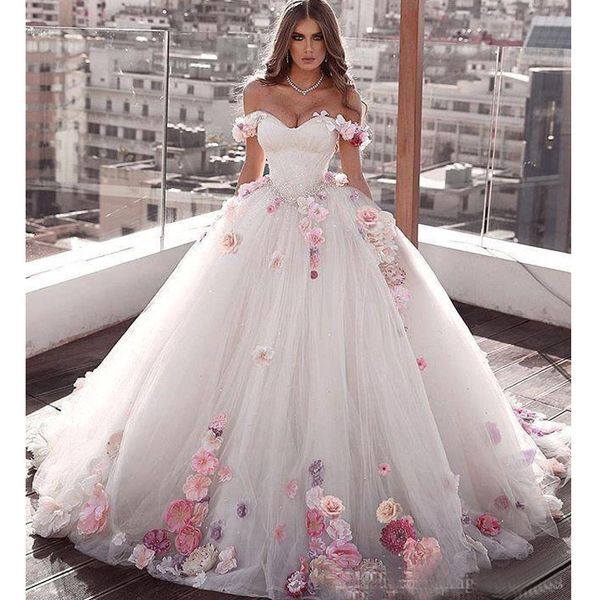 Autunno glamour con spalle scoperte Abito da ballo principessa in tulle Abiti da sarchiatura Abito da sposa con fiori fatti a mano Abito da sposa con applicazioni taglie forti