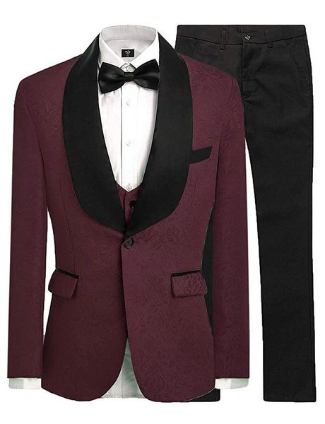 

pattern groomsmen dark red groom tuxedos shawl black satin lapel men suits wedding man ( jacket+pants+vest+tie ) c494, White;black