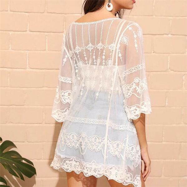 

женская кардиган white lace summer tops 2019 с длинным рукавом пляжная купальники бикини cover up кафтан кимоно для купания рубашка одежда, Black;brown