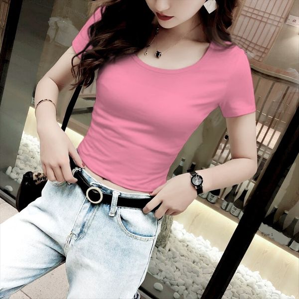 

pink t-shirt women's ins fashionable short short-sleeved summer navel jacket tight round collar high waist leakage navel, White