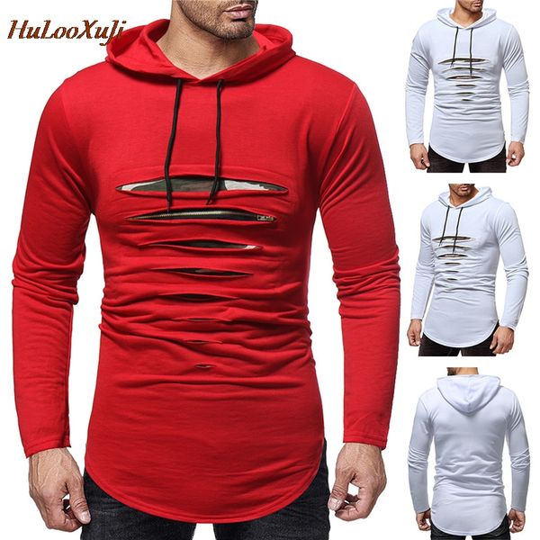 

hulooxuji 2019 весенние футболки сплошной цвет отверстие мужская повседневная футболка с длинным рукавом мужские футболки с капюшоном slim f, White;black